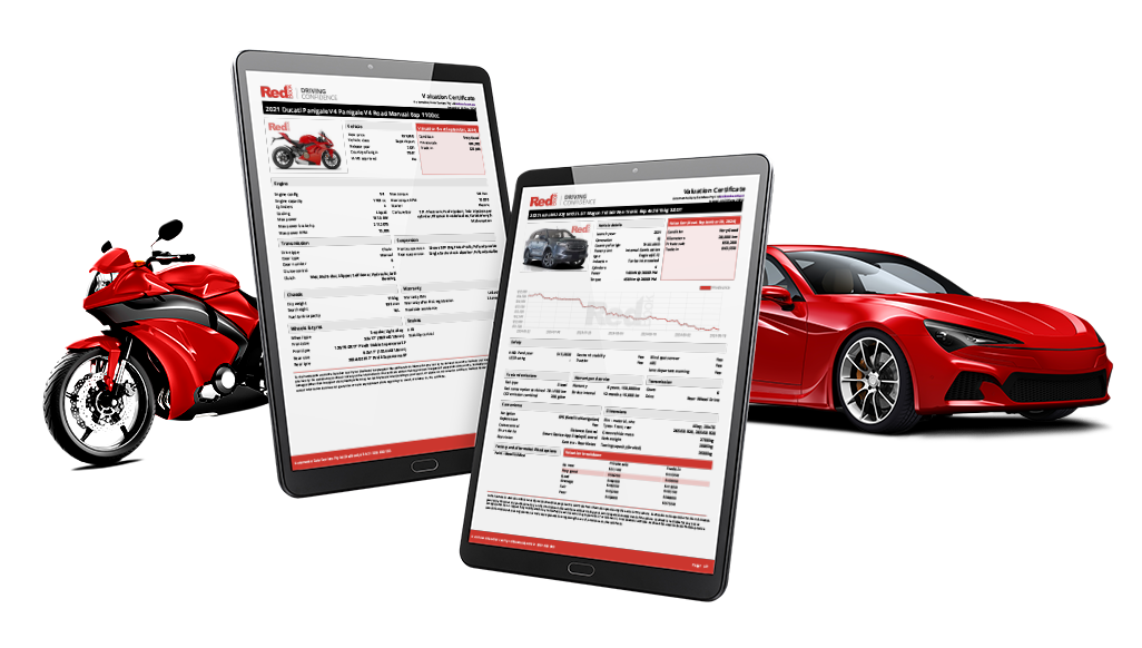 A screenshot of a RedBook valuation report for cars and bikes, showing price ranges and data points.